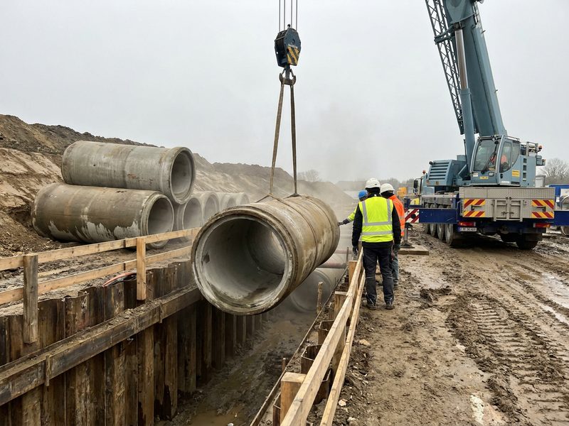 Betonrohre werden in einen Graben gesetzt